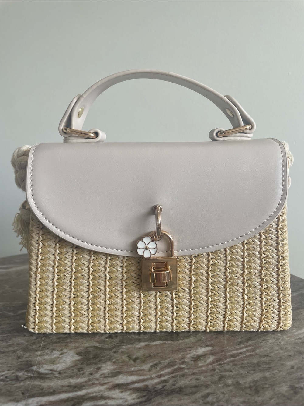 Neutral Straw Top-Handle Satchel with Pale Pink Flap - Picture 1 of 7